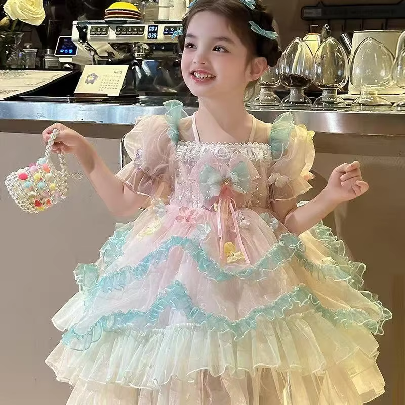 New Summer Children's Trendy Fluffy Tulle Puff Sleeves Lolita Girl Dress Ruffle Design Elegant Kids Girl Festival Party Dresses