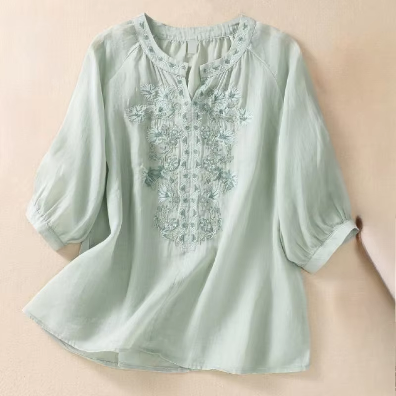 Fashion Thin Cotton Linen Y2k Tops Tee Women Clothing Summer Loose T Shirts Woman Embroidered T-shirt Blusa Casual Ladies tshirt