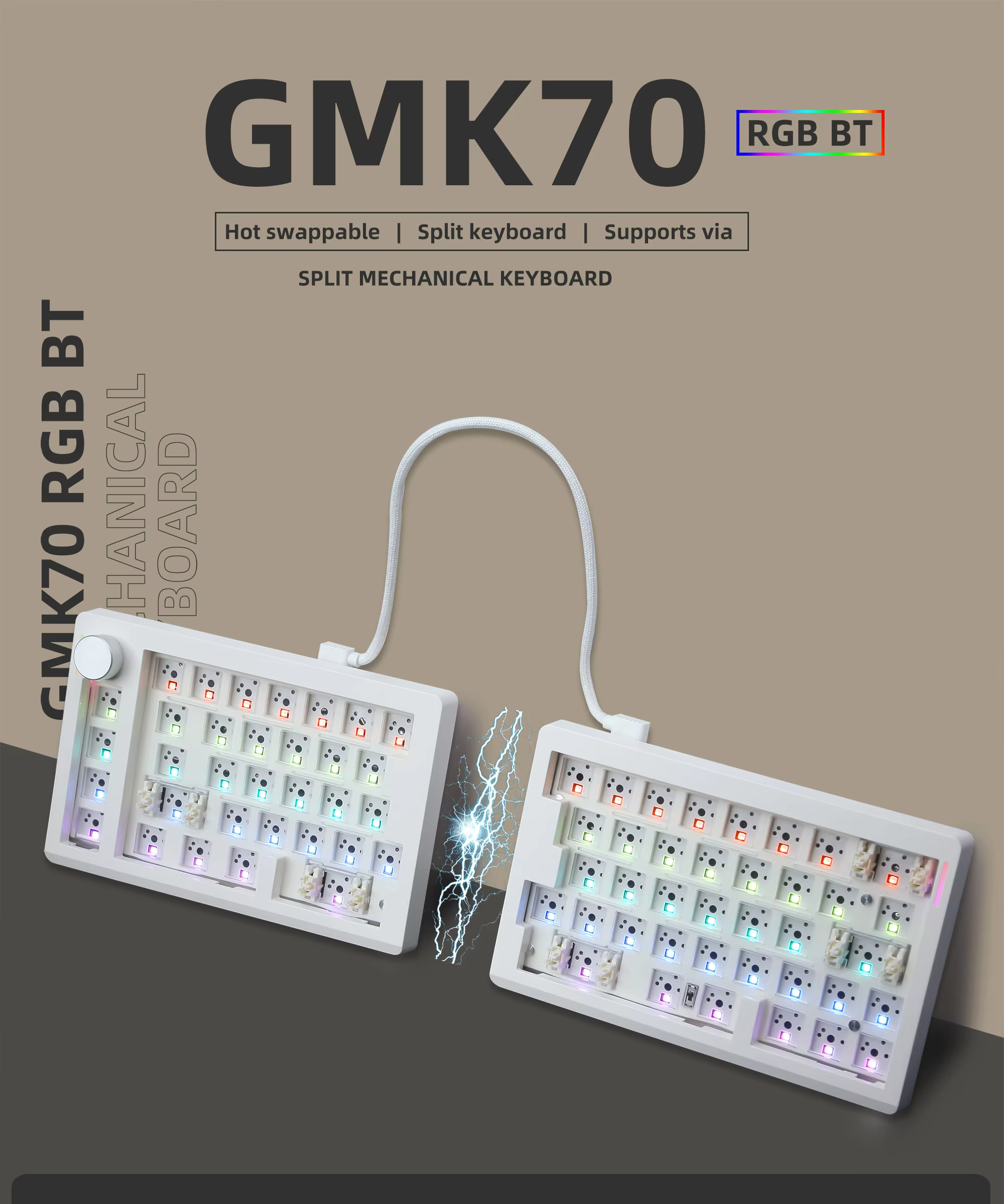 GMK70 Split Type Customized Gaming Mechanical Keyboard Kit Hot swappable Gasket Customized Ergonomic Keyboard Supports QMK/VIA