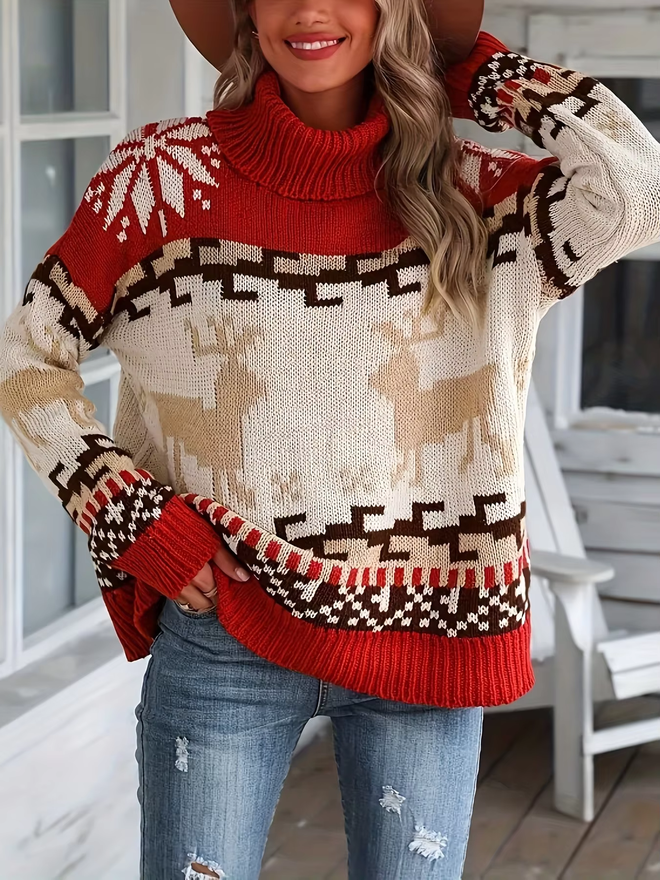 Women's Red Fair Isle Turtleneck Sweater Oversized Aztec Pattern Knit Pullover Winter Warm Casual Long Sleeve Sweater