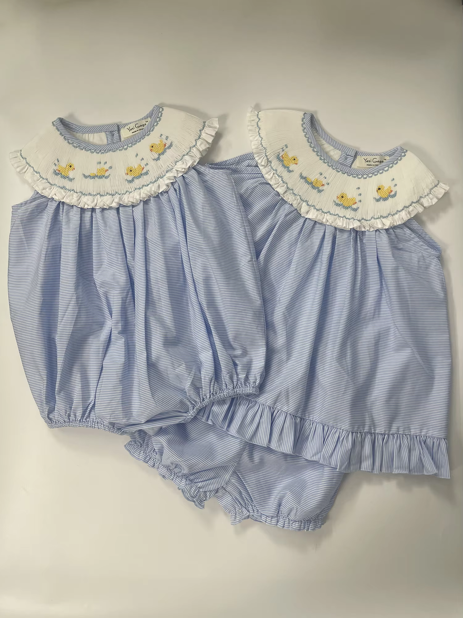 Summer Girls Handmade Smocking Drowning Duck Embroidery Bubble Blue Striped Cotton Thin Soft 2Pcs Set Super Cute Oufit Clothing