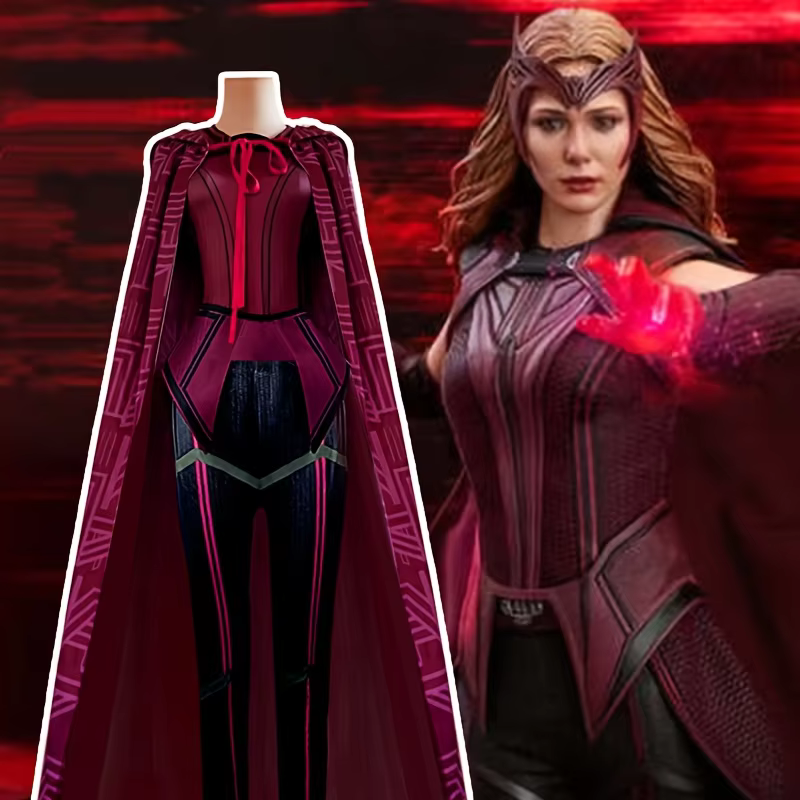 Marvel Wandavision Scarlet Witch Cosplay Costume Tv Accurate Dress with Cape, Tiara & Fingerless Gloves Halloween & Comic Con Outfit
