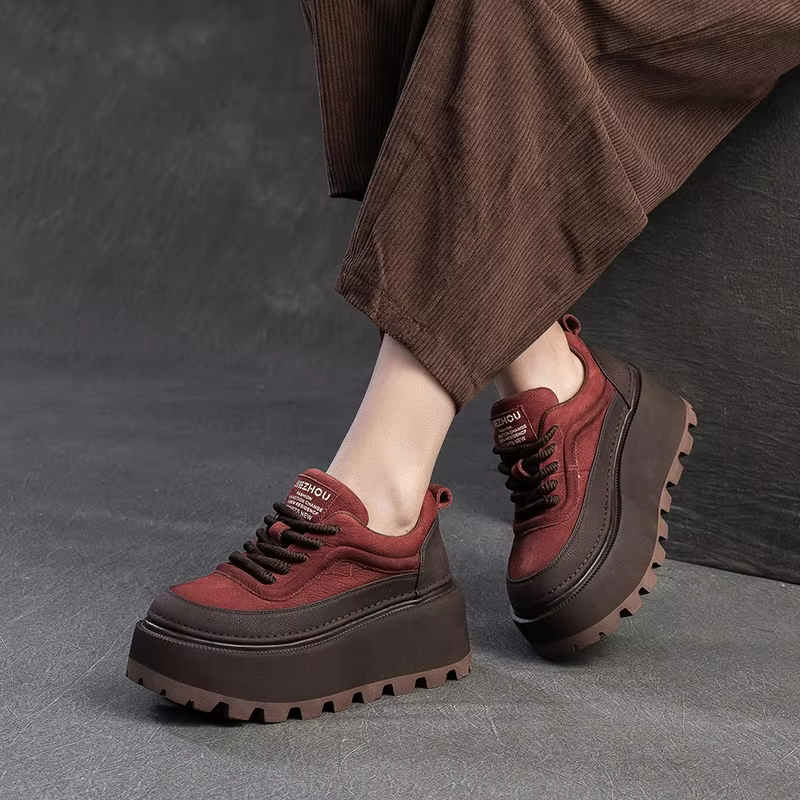 DRKANOL Women Mixed Colors Height Increasing Shoes 2025 Spring Autumn Cow Genuine Leather Round Toe Wedges Heel Platform Shoes