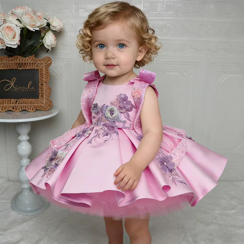 Luxurious and elegant girls' first birthday dress, white embroidered princess dress, wedding party dress, baby christening dress