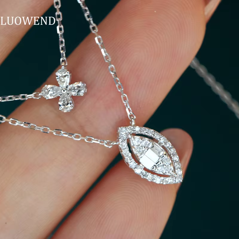 LUOWEND 18K White Gold Necklace Romantic Double Pendant Design Real Natural Diamond Necklace for Women Fashion Jewelry Gift