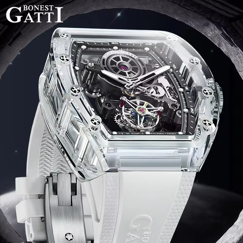 BONEST GATTI automatic movement Tourbillon Mechanical Wristwatch Crystal Case Luminous watch Fluororubber Strap Watches for men