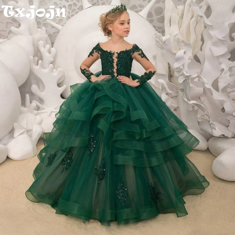 Puffy Exquisite Beaded Appliques Girls Dresses For Birthday Party Elegant Colorful Off Shoulder Kids Princess Gown Wedding Wear