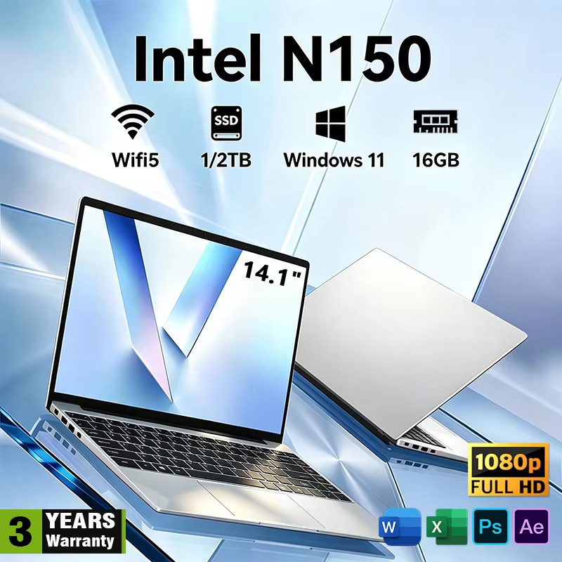 2026 New 14.1" Laptop Computer Intel N150 Windows 11 Pro 16GB RAM 1TB M.2 SSD Gaming Notebook PC 1920*1080 HD Portable Laptops
