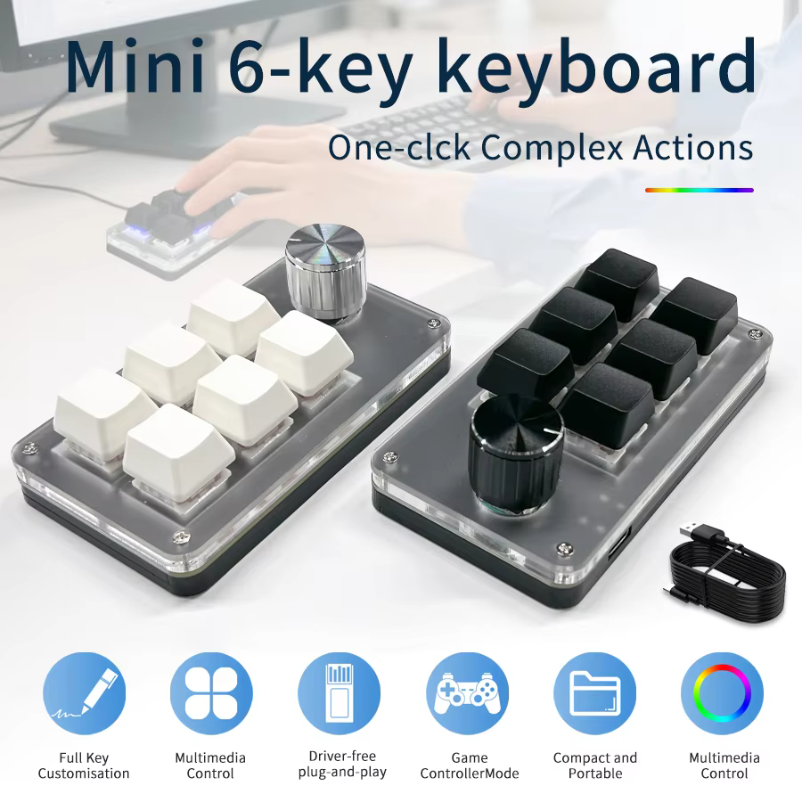 Mini Custom Programming Keyboard 6 Keys 1 Knob RGB Programming Macro Gaming Knob Keypads USB Wired Hot Swap Mechanical Keyboard