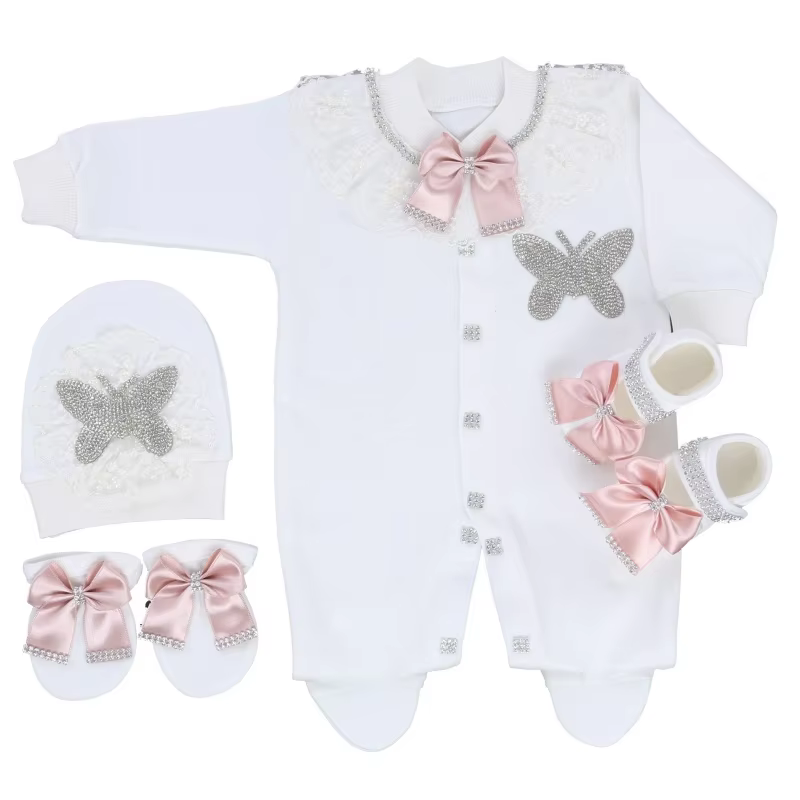 Footed Romper 0-9 Months 4Pcs All White Baby Pink Satin Bow Silver Rhinestone Butterfly Lace Collar Long Sleeve Jumpsuit Princes