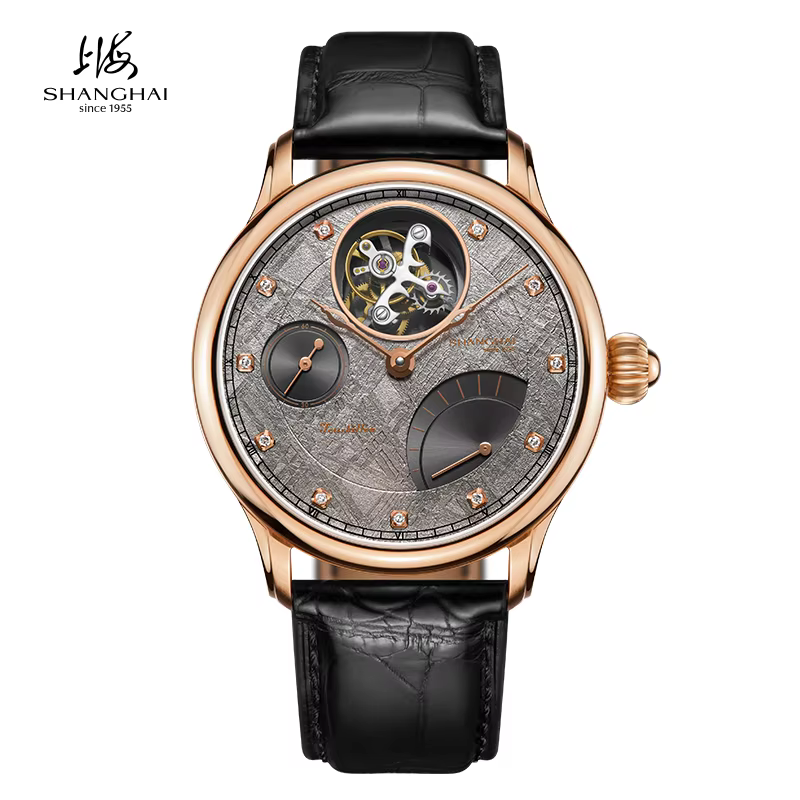Shanghai Watch 18K Tourbillon Mechanical Men's Wristwatch Retrograde Calendar Crocodile Strap Manual Winding Watch Luxury S1300
