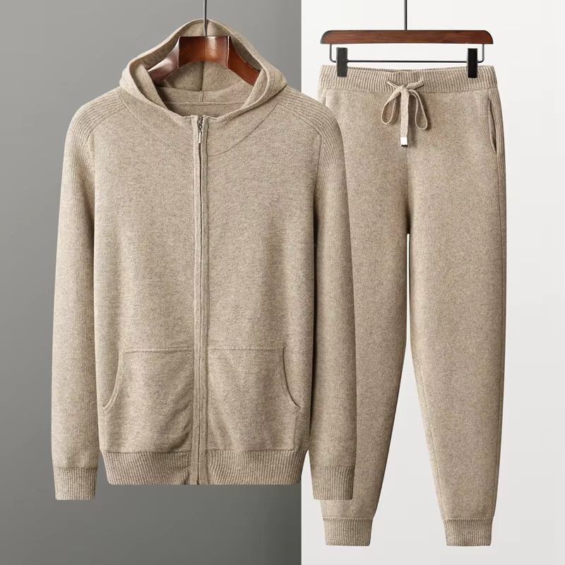 Autumn/Winter Men Sweater Suit Hooded Zipper Pullover Pants Thick Warm Casual Clothing 100% Cashmere Knitwear Trousers Tops