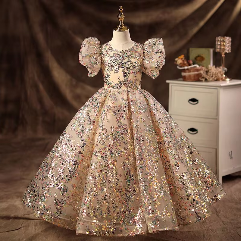 Champagne Girls Princess Dress Puffy Tutu Flower Girl Wedding Piano Recital Formal Gown for Kids