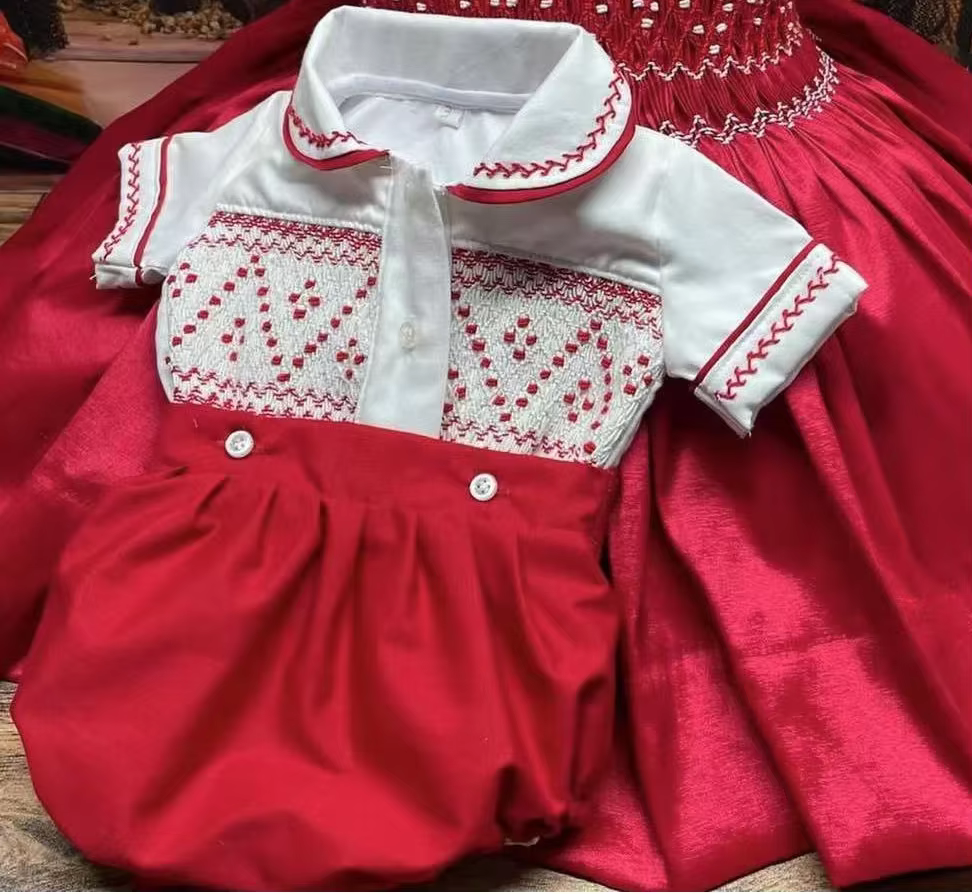 0-6Y Boy Summer Red Handmade Embroidery Smocked Outfit Suit for Party Birthday Photography Holiday Christmas A195