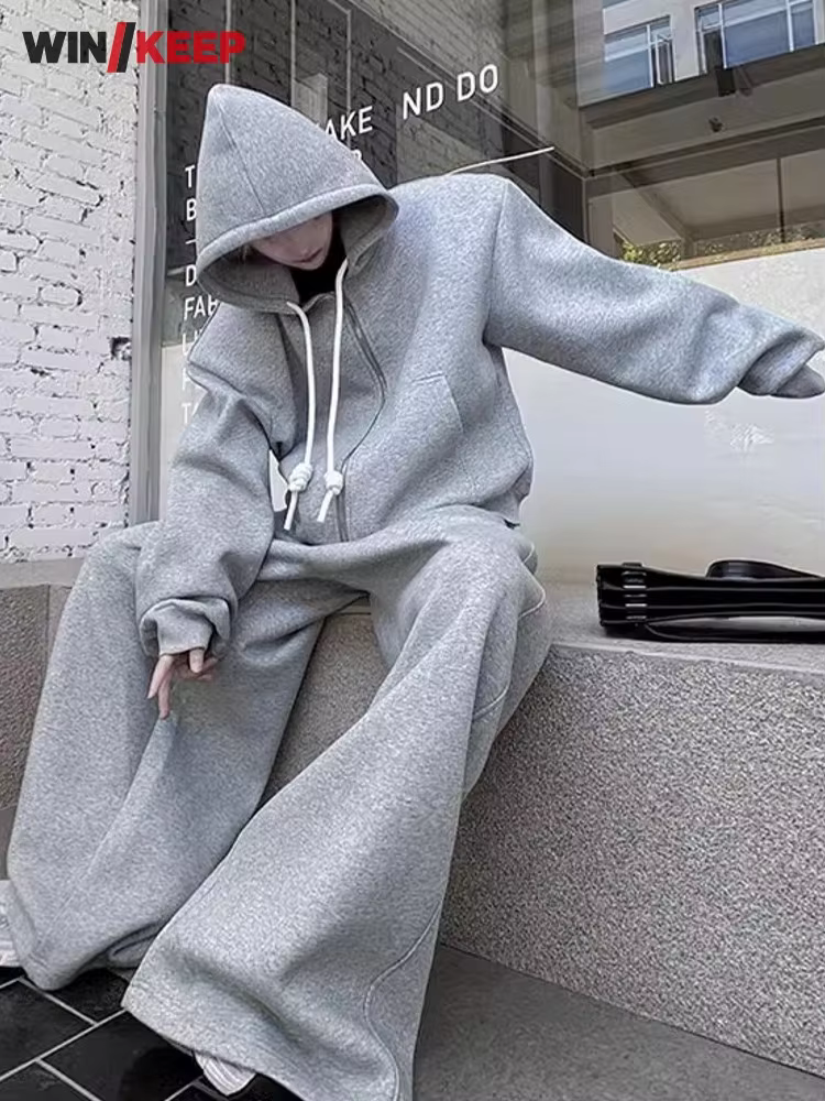 Mens High Street Sports Hoodie Drawstring Hoodie Set Wide Leg Pants Two Piece Set Gym Sportswear Sweatsuit Running Tracksuit