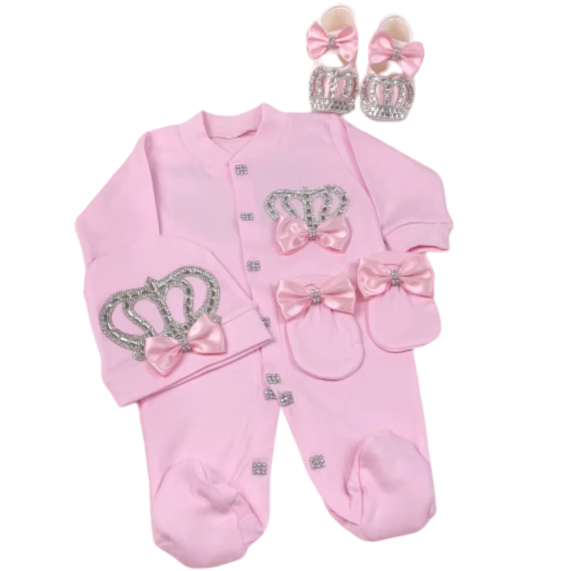 Newborn Baby Footed Romper 0-9 Months 4Pcs Baby Pink Silver Glitter Crown Bow Long Sleeve Jumpsuit Princess Boutique Baby Shower