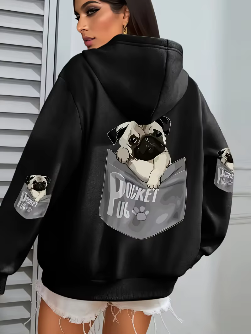 Pocket Pug Hoodies Women Cartoons dog Prints Plus Size Pockets Hoodie Winter Fleece Warm Sweatshirts Street Comfy Animal Clothes