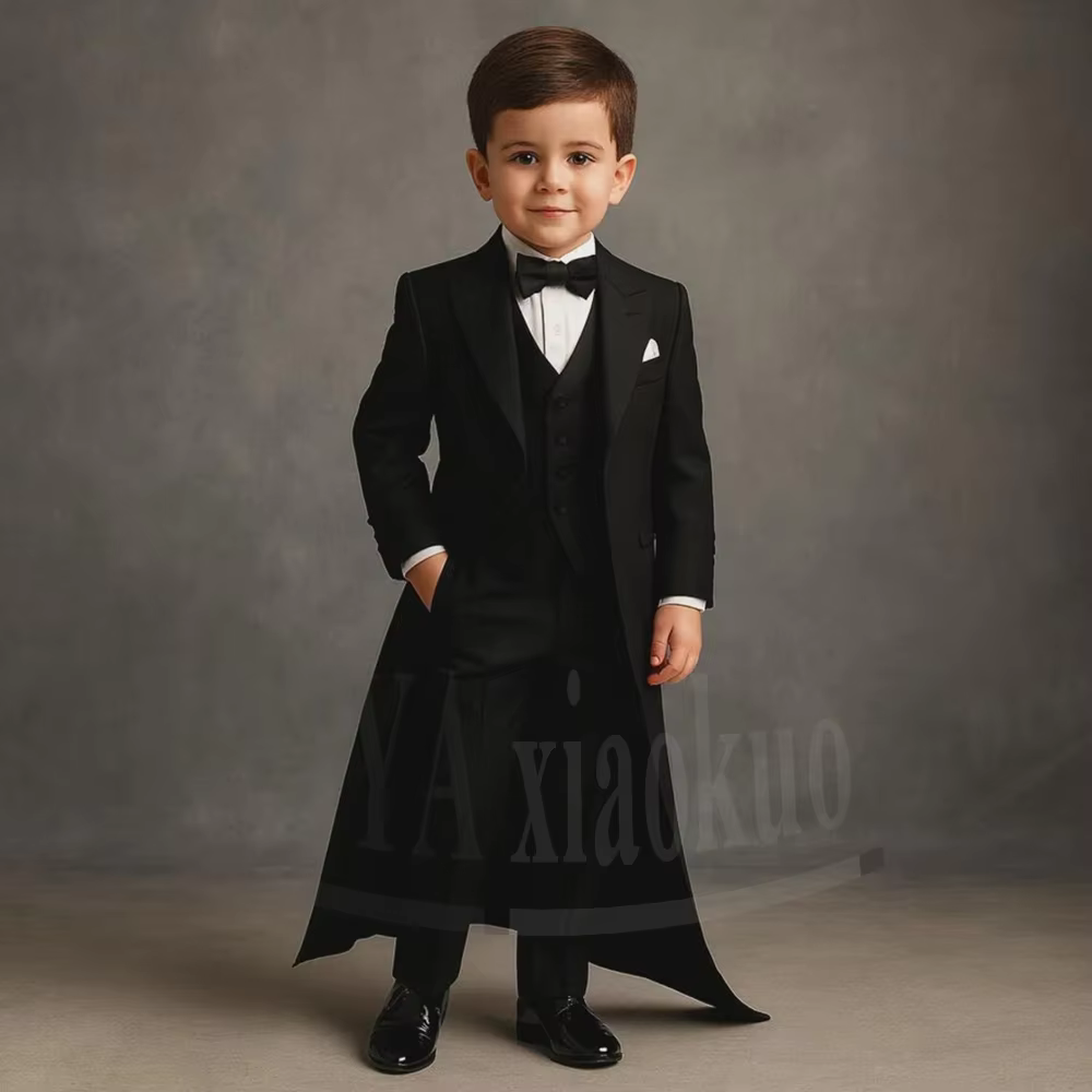 Black Boys Tailcoat Suit 3 Piece Fashion Formal Long Tuxedo Kids Wedding Pageant Party Prom Outfit Children's Dress Suit