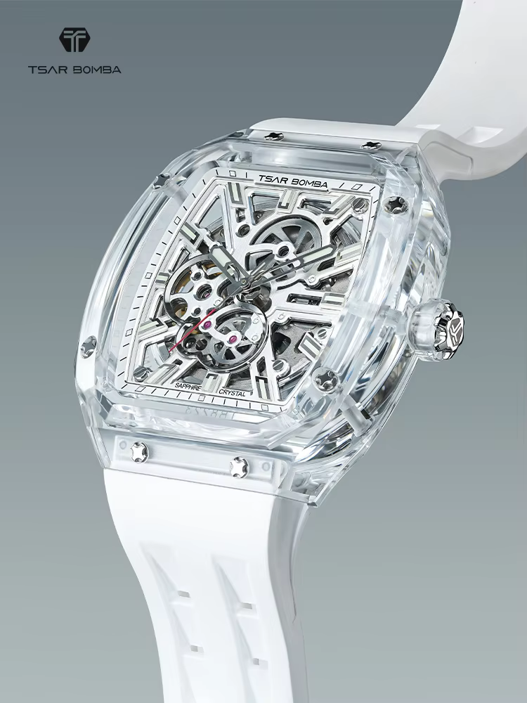 TSAR BOMBA Sapphire Automatic Mens Watch Transparent Crystal Case Mechanical Wristwatch for Men