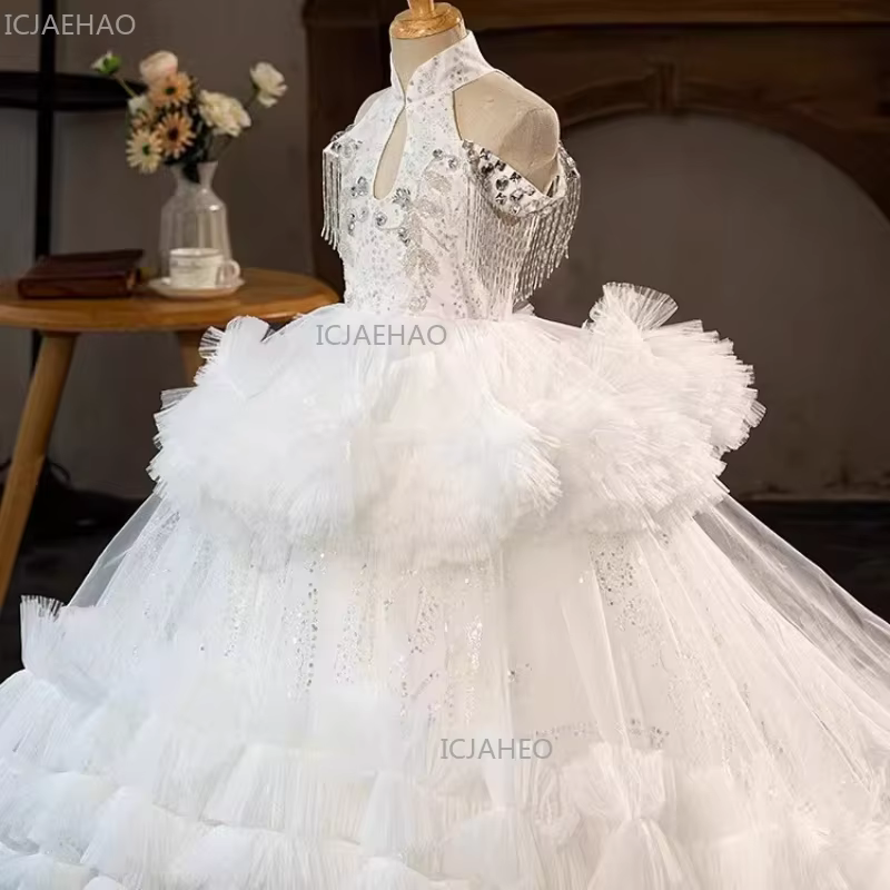 White Princess Dress for Girls Birthday Puffy Tulle Evening Traditional Cheongsam Performance Gown Long Pageant Dress Childrens