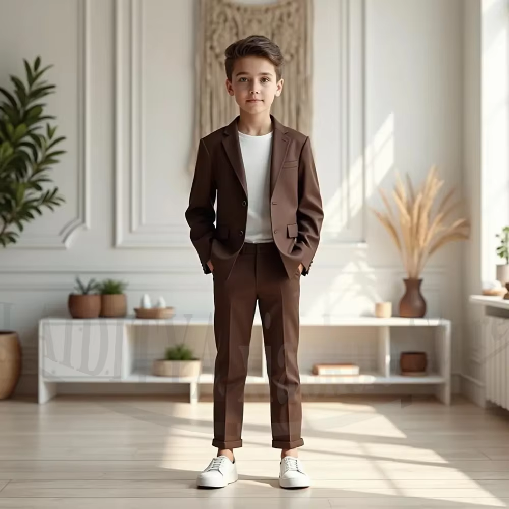 Brown Boys 2 Piece Suit Casual Formal Wear Blazer and Pants Slim Fit Daily Party Wedding Guest Fashion Comfortable Outfit