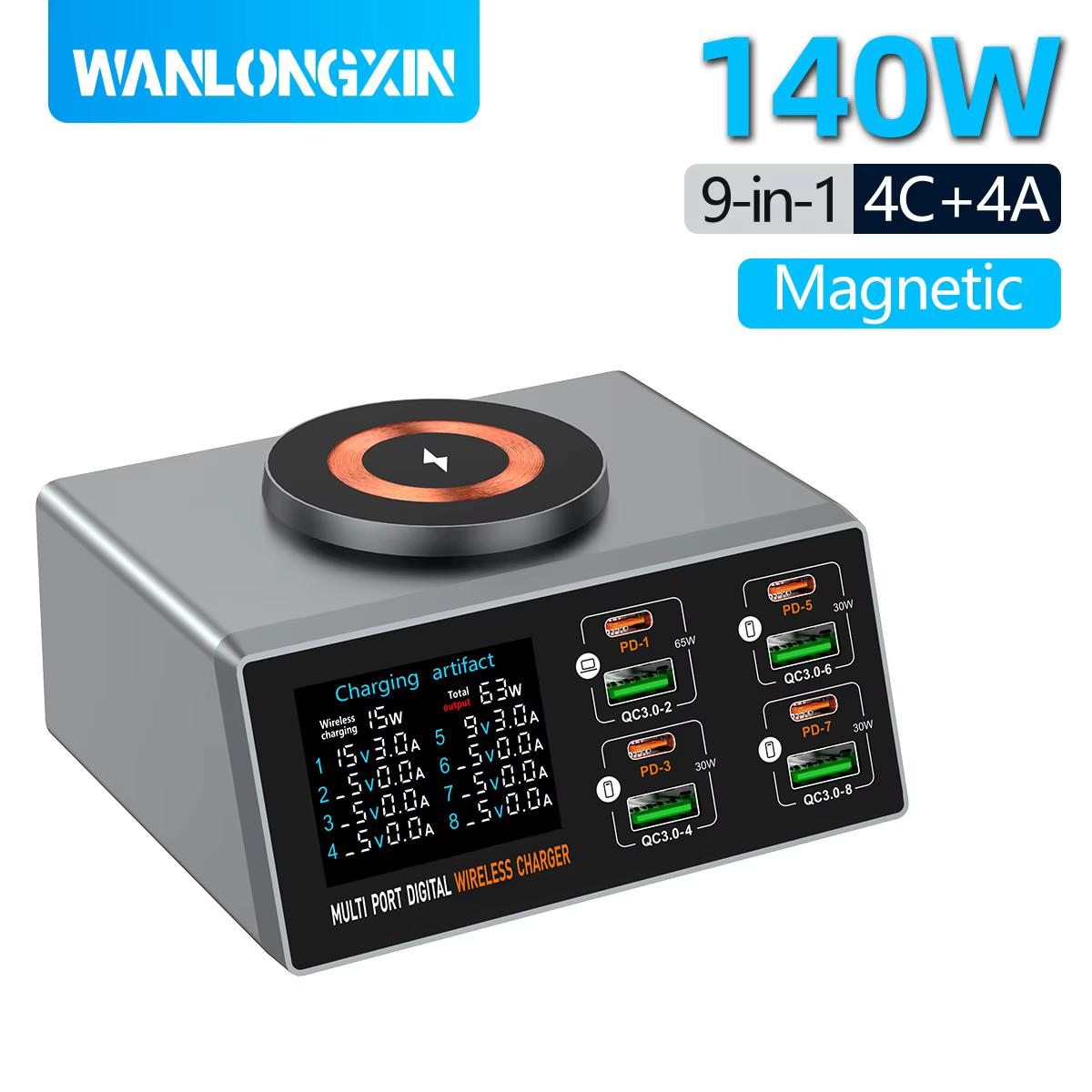 140W Desktop Fast Charging Station PD 100W USB Type C 8-Port Digital Display GaN Charger for iPhone Samsung Xiaomi Phone Tablets