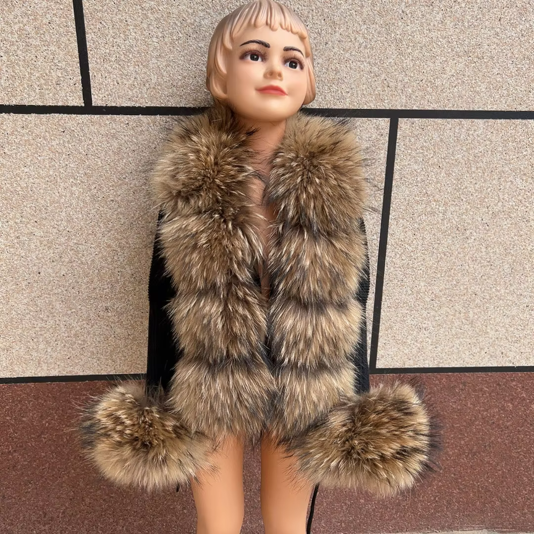 HUAQIUMEISI Children's fox fur cardigan autumn winter fashion Kids raccoon fur cardigan and Women real fox fur cardiga