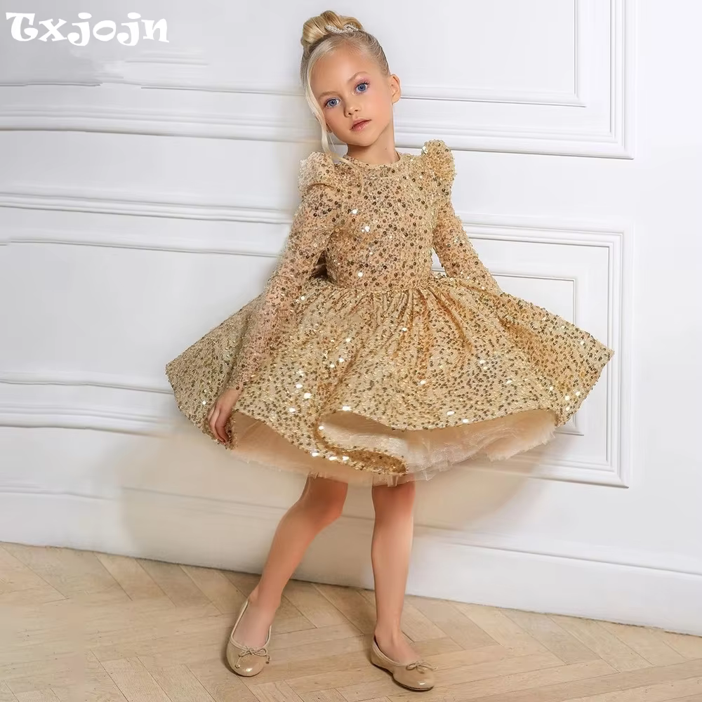 Golden Sequined Tulle Princess Gown For Girls Birthday Party Dance Performance Puffy Long Sleeve Dresses Wedding Guest Clothes