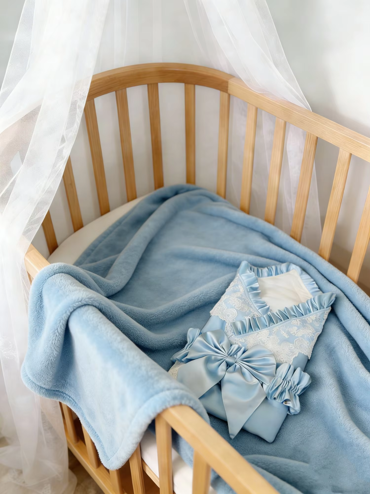 Baby Girl Light Blue Satin Lace Swaddle Blanket - Ruffled Wrap with Large Bow & Embroidery- Luxury Newborn Cloth, Soft Swaddling