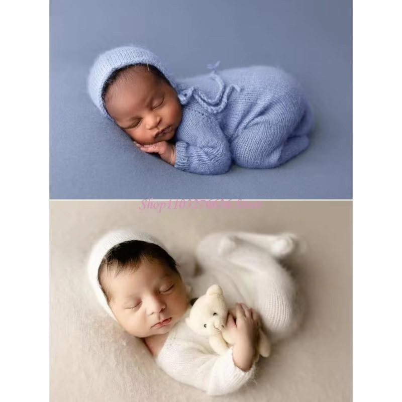 R6FD 1 Set Lovely Newborns Photography Suit Comfortable Knitted Bonnet Hat & Romper Long Sleeved for Pictures Taking