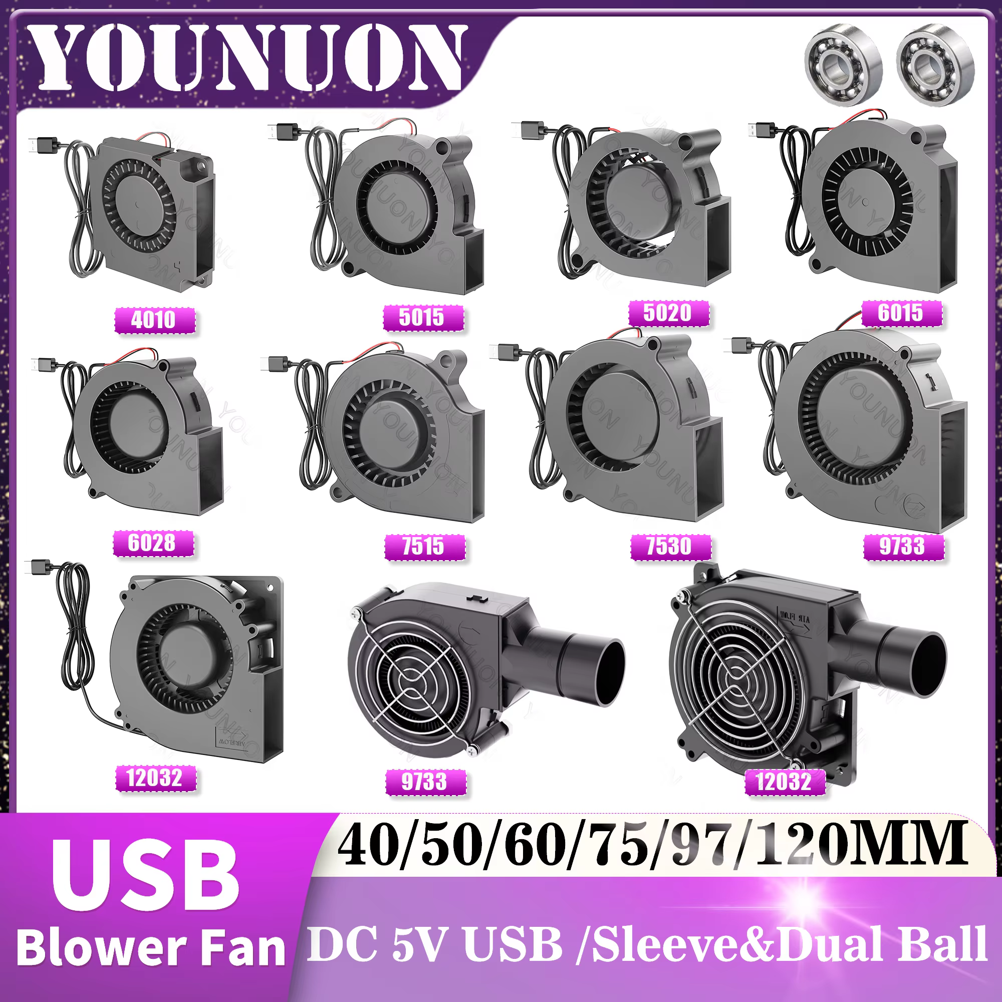 DC 5V USB  40MM 50MM 60MM 75MM 97MM 120MM Cooling Fan Brushless Motor Case Fan Blower Fan Humidifier Fan Induction Cooker Fan