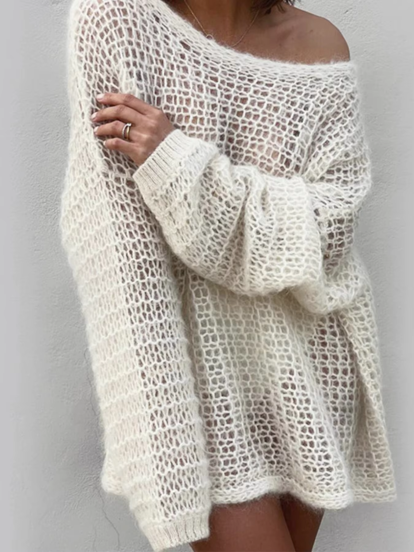 Women's Cream Oversized Fishnet Knit Sweater Off-Shoulder Slouchy Pullover Dress Casual Bohemian Style