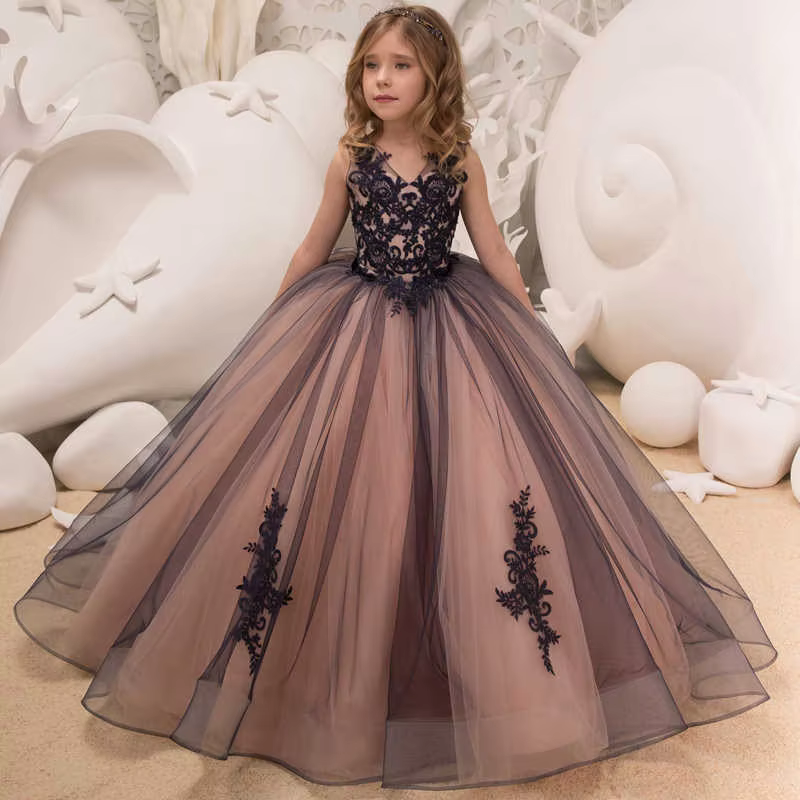 Flower Girl Dress Children's Lace Applique Ball Gown Holiday Dance Long Elegant Dress
