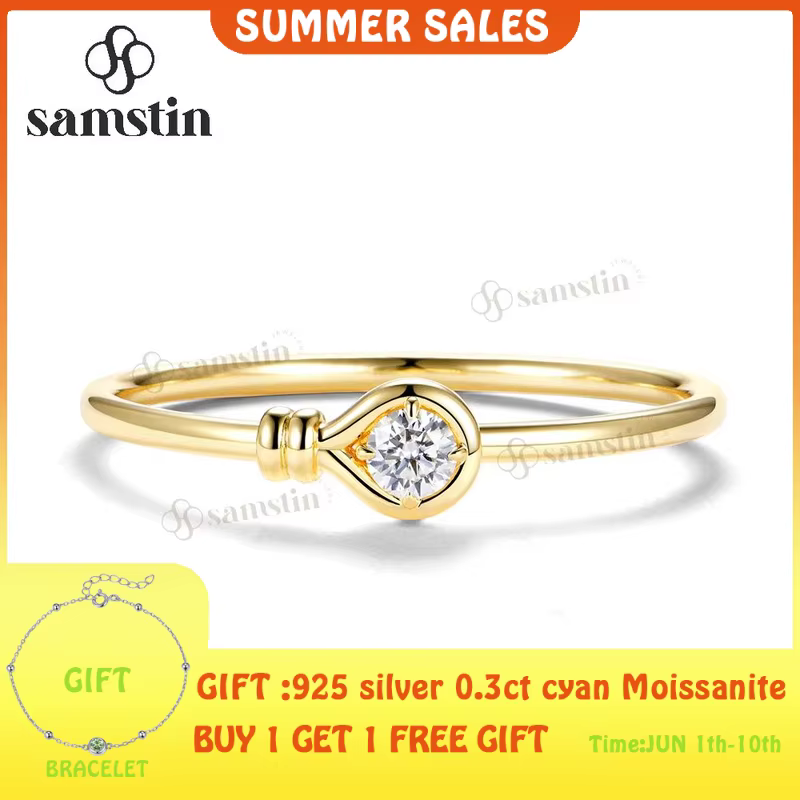 Samstin 2CT Round Mossanite Bangle for Women Solid 10K 14K 585 Yellow Gold Bracelet for Engagement Trendy Christams Gifts Party