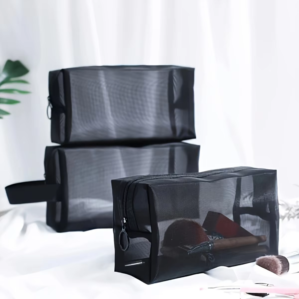 1PC Travel Black Mesh Cosmetic Bag Zipper Makeup Bag For Women Wash Toiletry Bag Makeup Organizer Portable Storage Pouch