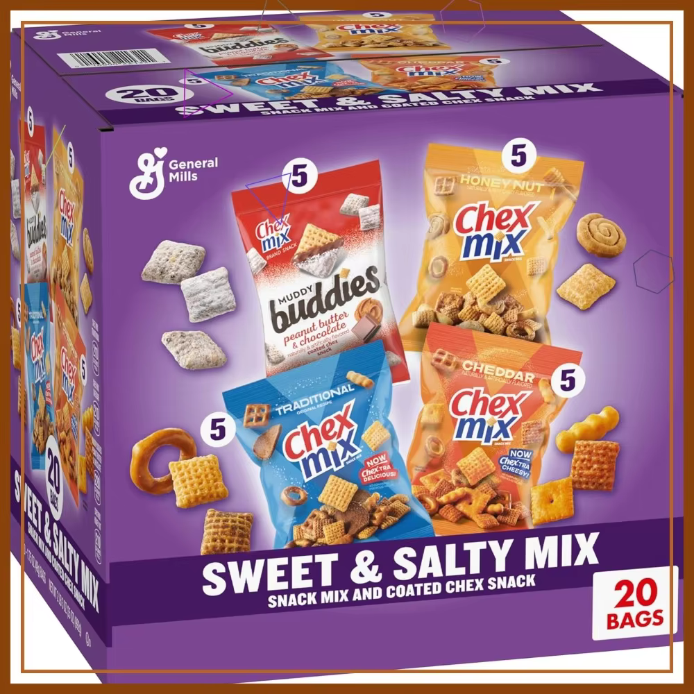 Sweet and Salty Snack Variety Pack: Muddy Buddies, Chex Mix Traditional, Cheddar, Honey Nut, 20 Ct, 35 oz
