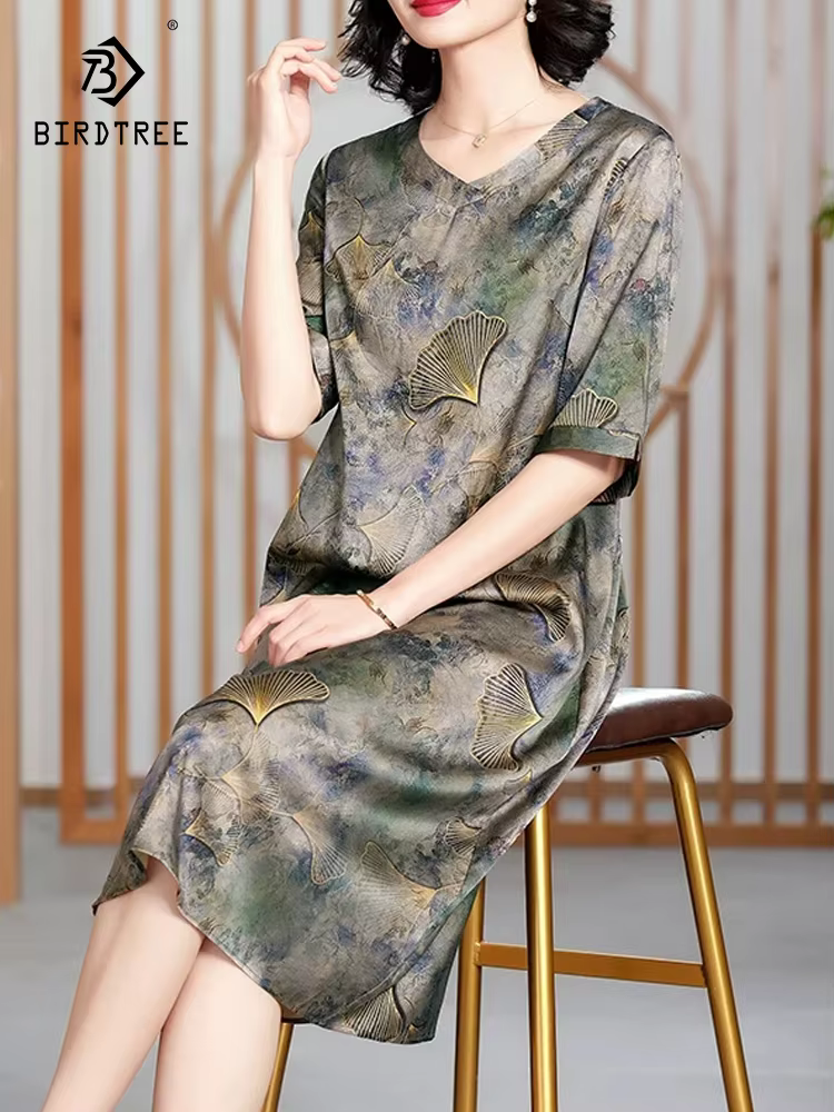 BirdTree-86.9%Silk 13.1%Spandex Women Elegant Dress, Short Sleeve Printed, Mom Vintage Loose Dresses, 2026 Spring New D62512CC