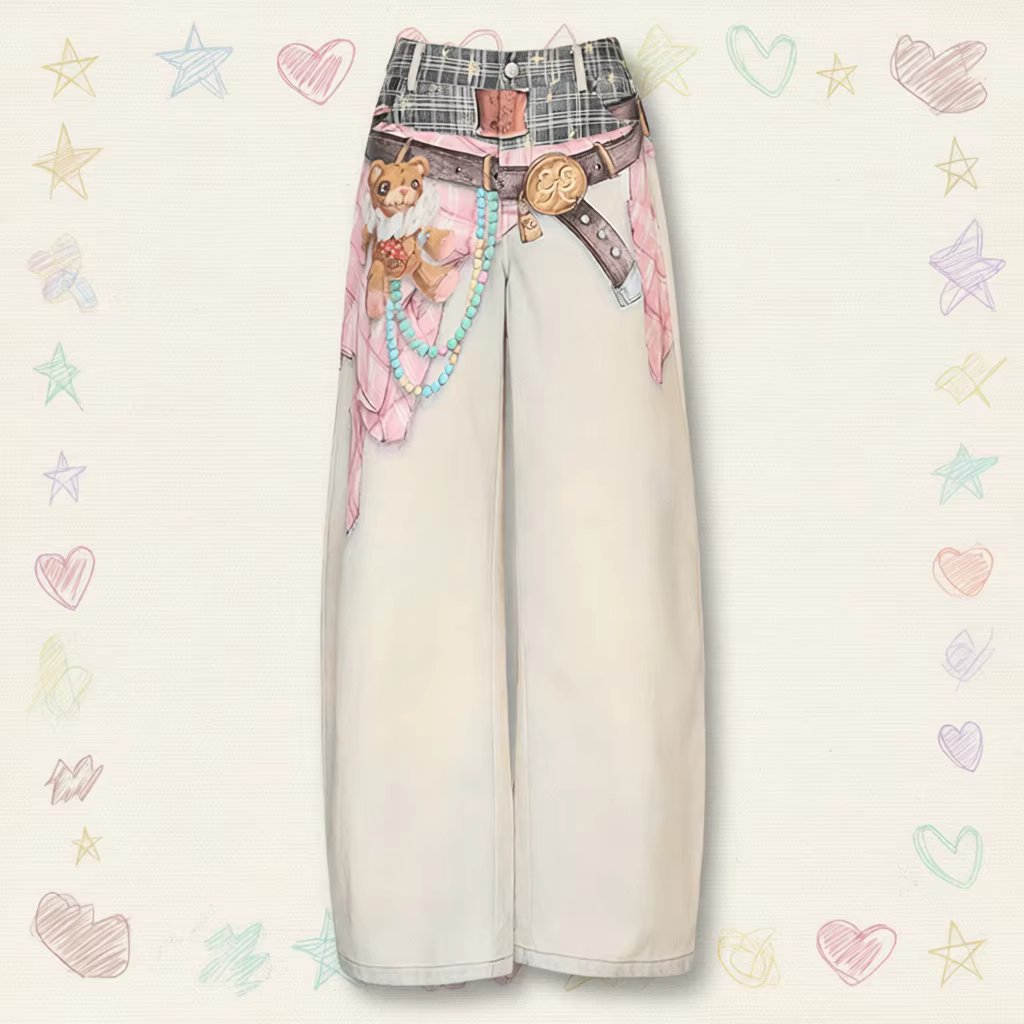 ELFSACK Women's Vintage Baggy Pants with Trompe L'oeil Design, Casual Wide Leg Trousers, Y2K Streetwear Curved Leg Pants