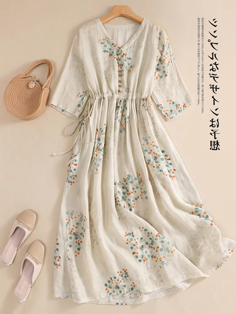 Vestido largo estampado para Mujer, ropa elegante Vintage, cintura elástica, estilo coreano informal para playa, cuello en V, moda