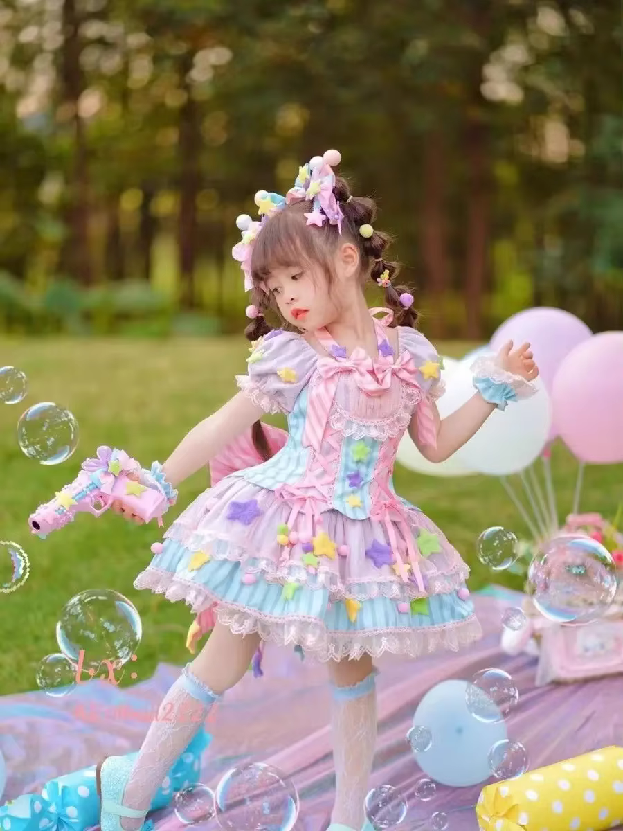 Summer Backless Lolita Ball Gown Dress Girls Kids Princess Stripe Birthday Party Childrens Clothing Bow Performance Multicolor
