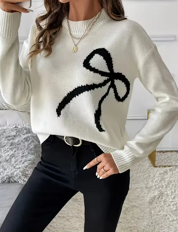 Elegant Casual Knit Sweater with Fashionable Bowtie for Women Warm Long Sleeve Top for Spring Autumn Holiday Travel Versatile Es