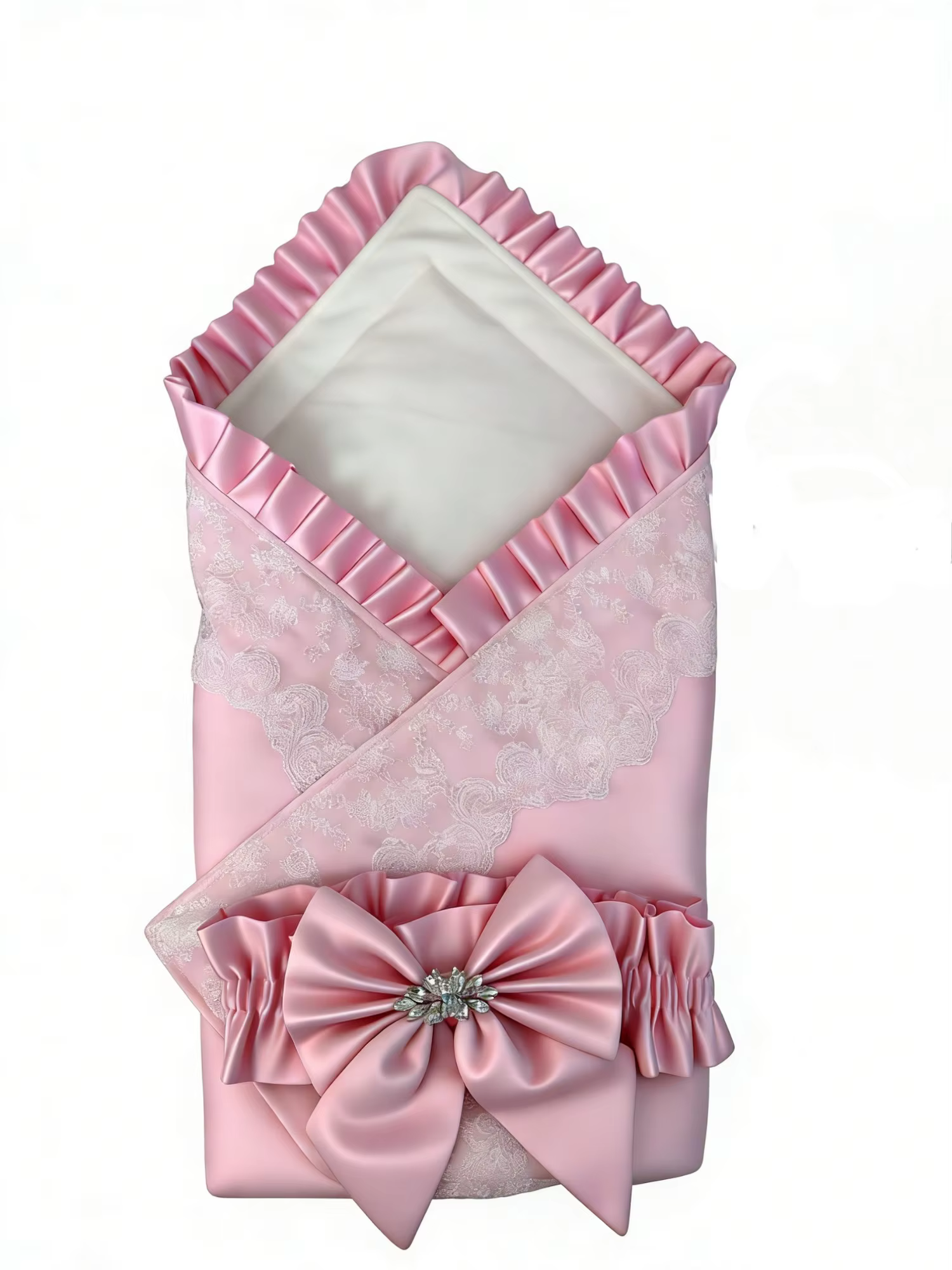 Newborn LuxuryPink Swaddle - Lace Bow Pearl Blanket for Baby Baptism