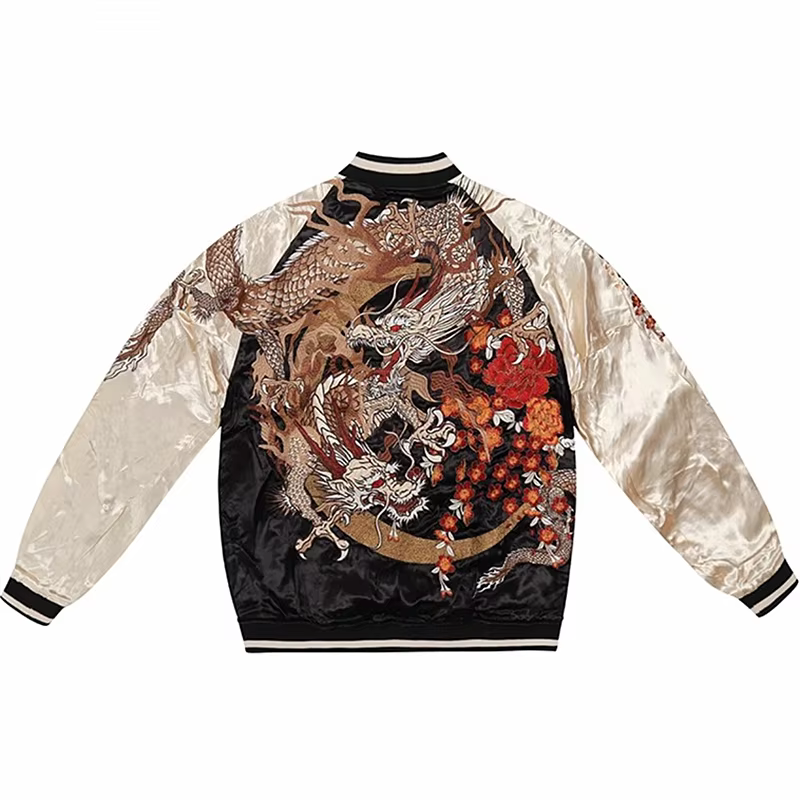 Reversible Double-sided Men Boys Vintage Three Dragons Gathering Peony Heavy Work Embroidered Sukajan Souvenir Jacket