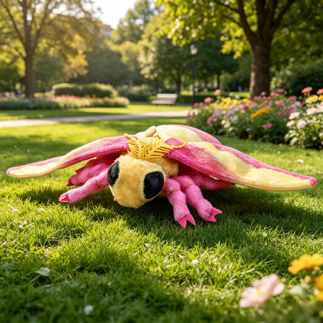 Peluche de Polilla de Arce Rosada, Suave y Realista, de Color Rosa y Amarillo, Peluche Coleccionable, Regalo de Cumpleaños o Navidad para Niños Amantes de los Insectos