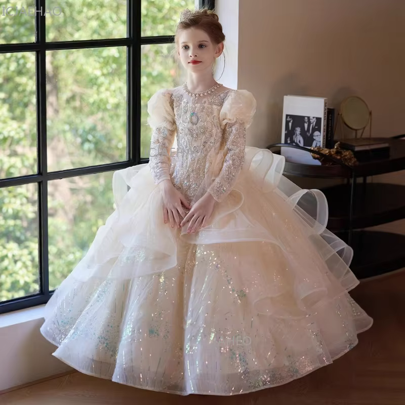 New White Girls Sweet Cute Princess Dress Clothes KidsHost Piano Performance Formal Gown Children Party Celebration Costume