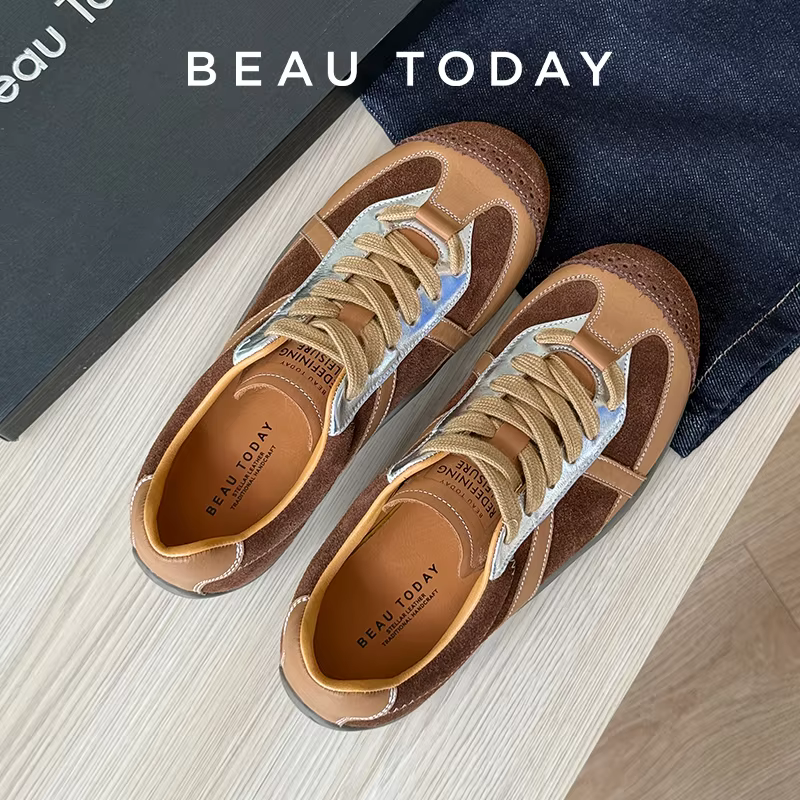 BEAUTODAY Casual Sneakers Women Cow Suede Round Toe Mixed Colors Retro Trainers Lace-up Outdoors Ladies Shoes Handmade 29971