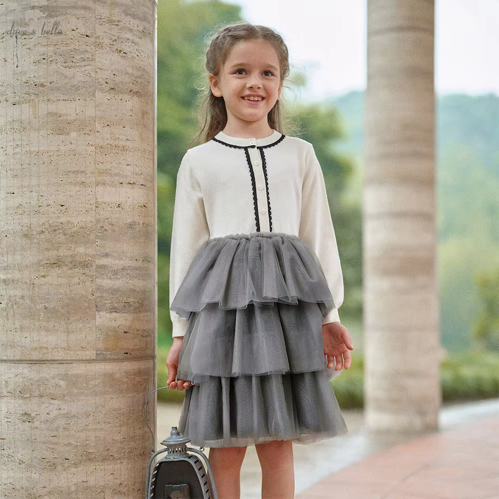 Dave Bella Children's Sweater Dress Autumn Fashion Casual Gentle Girls Baby Long Sleeved Mesh Dress Party Elegant DK3252711