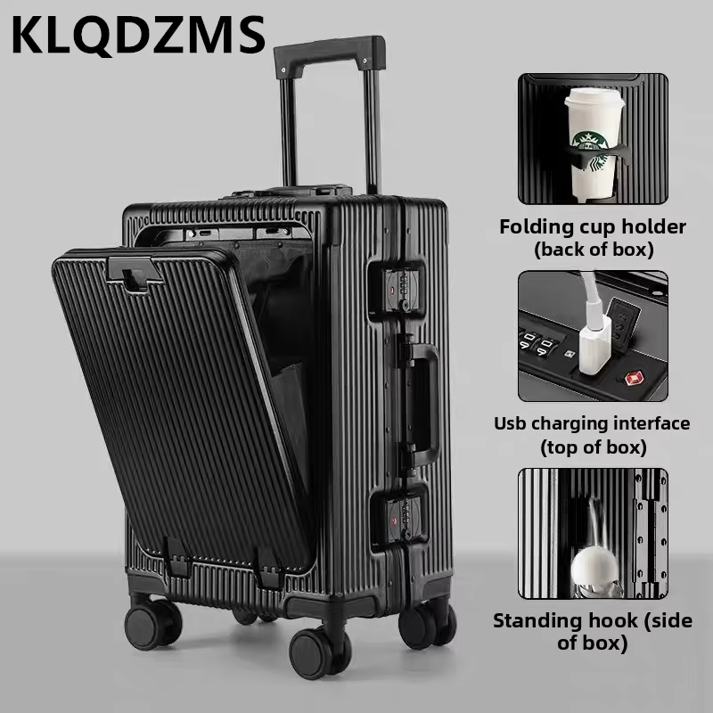 KLQDZMS 20" 24" USB Charging Suitcase On Wheels Frame Cabin Boarding Case Front Opening Laptop Trolley Case Luggage