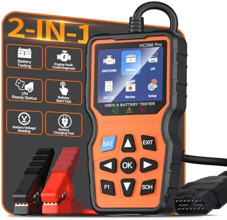 OBD2 Scanner & Battery Tester, Plug & Play Car Code Reader, Live Data, Smog Check, 12V Analyzer for Cars & Motorcycles
