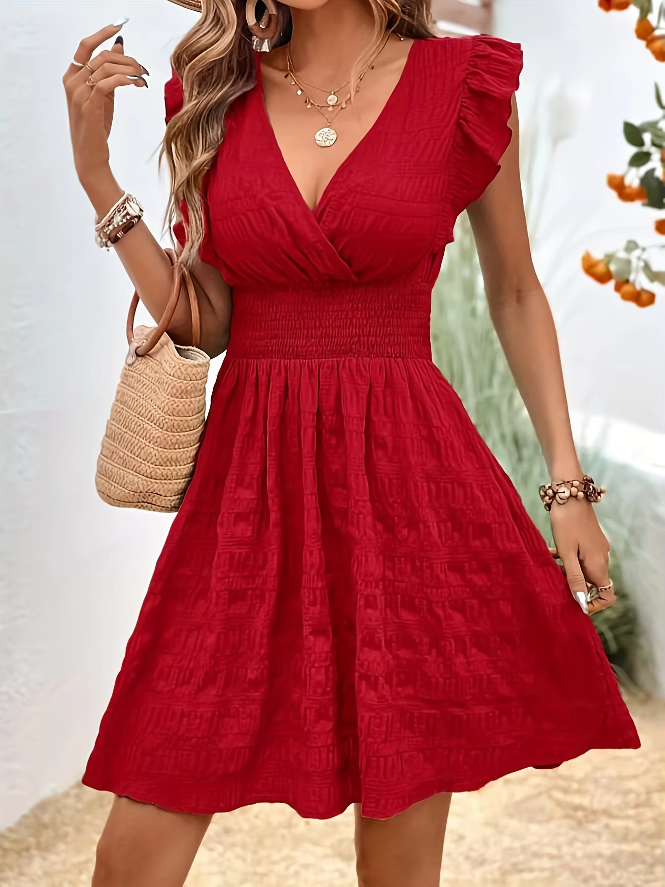 Elegant directional textured fabric waist-tied A-line ruffled sleeve dress